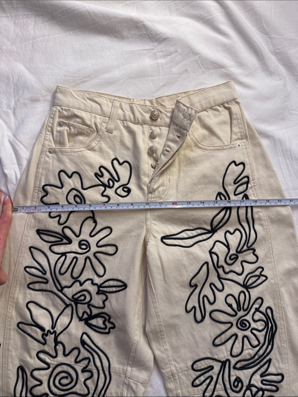 We The Free Cream Jeans with Black Floral Outline Embroidery - Picture 3 of 16